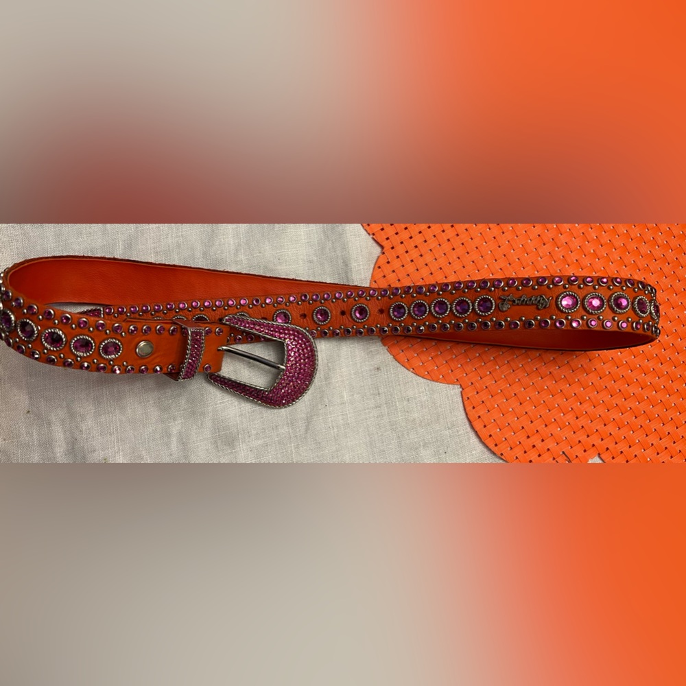 Kippy’s orange leather& Swarovski pink crystals handcrafted western belt &buckle